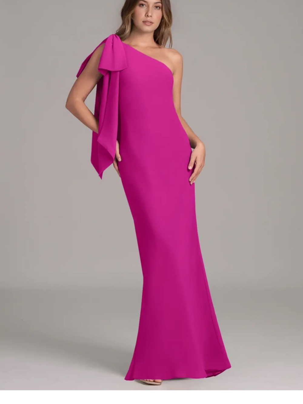 NWT Azazie Capri One-Shoulder Fuchsia Dress with Draped Shoulder Bow Size 14